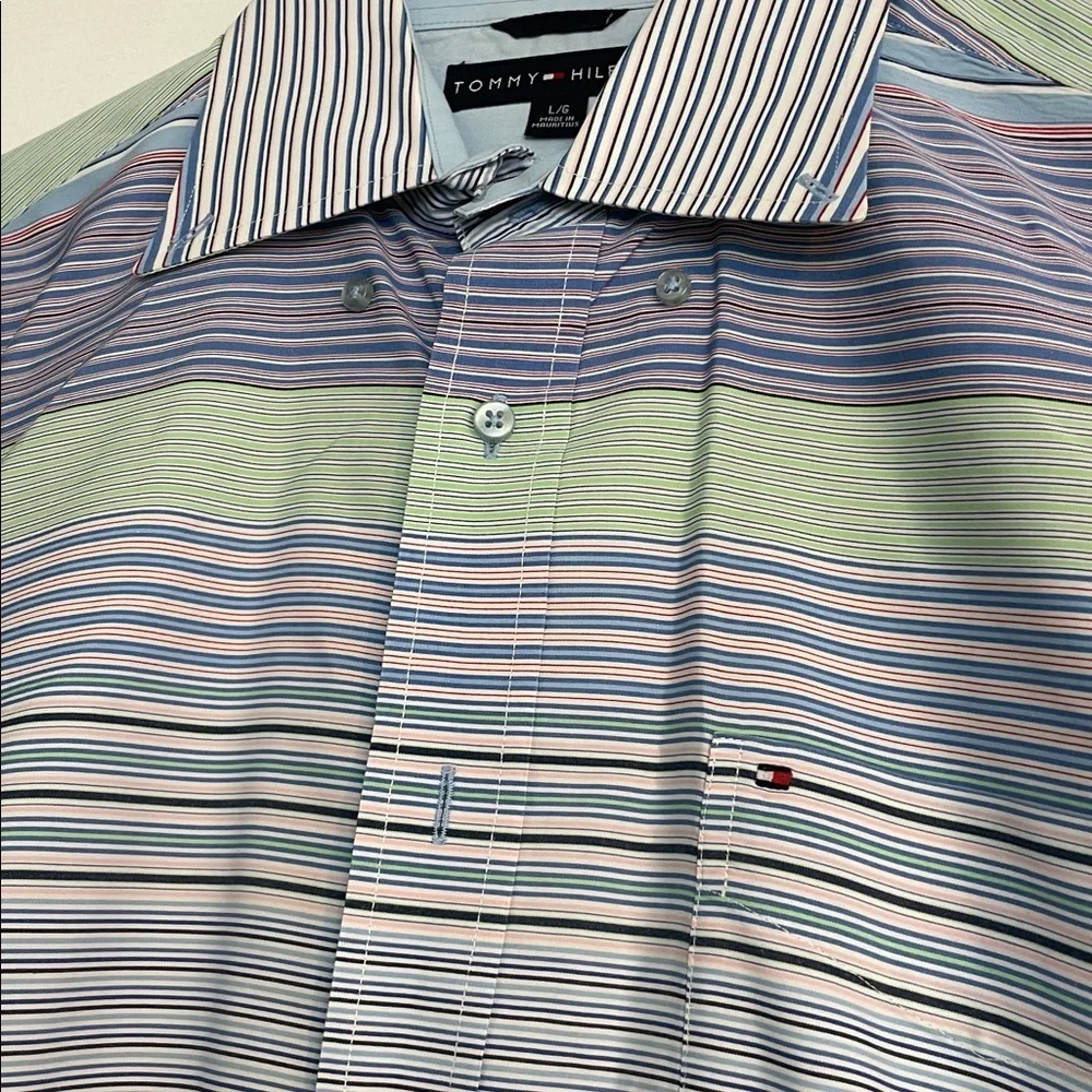 Tommy Hilfiger Men's Blue and Green Striped Dress Shirt